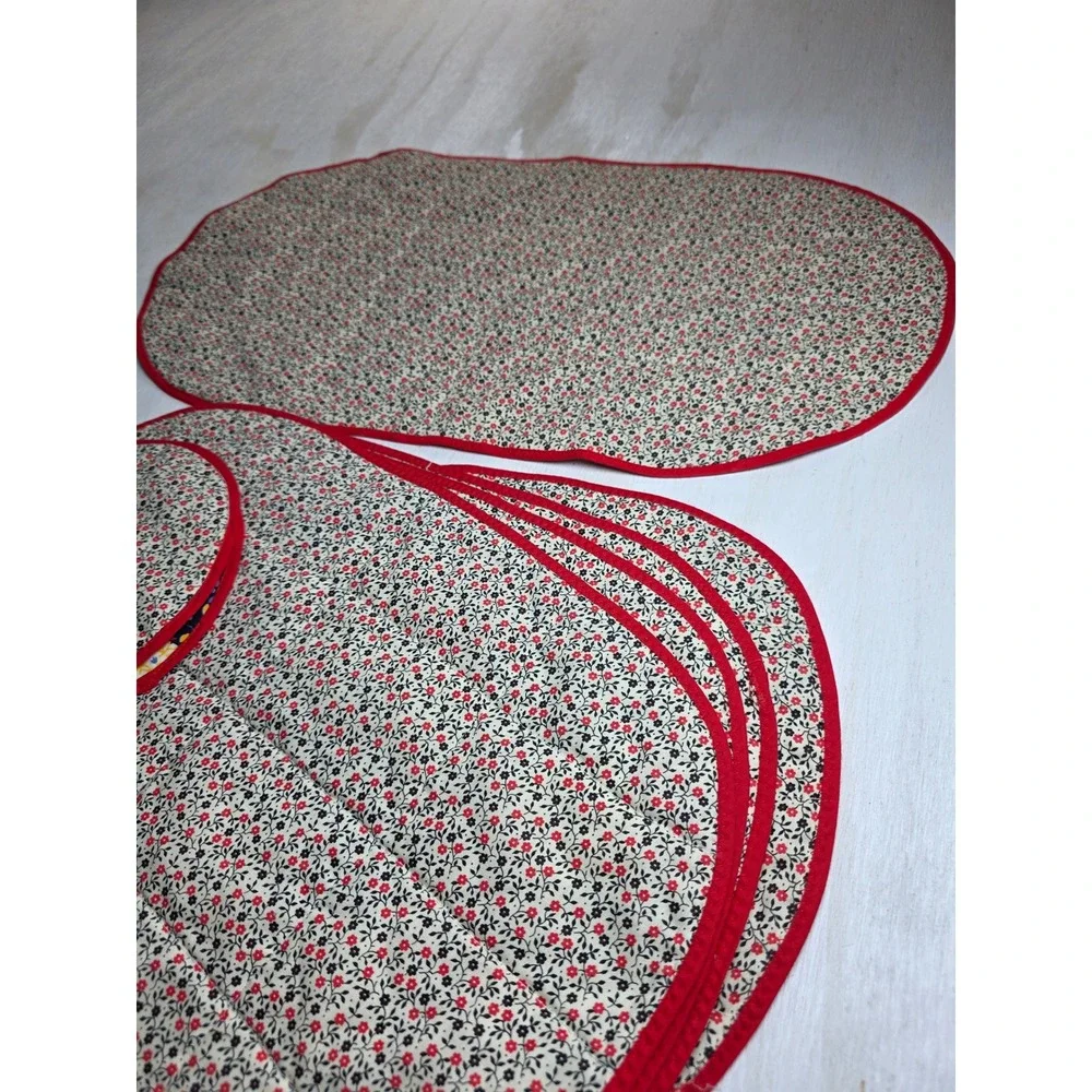 Vintage Handmade Quilted Patchwork Floral Placemats & Trivets Set 7 Red Boho